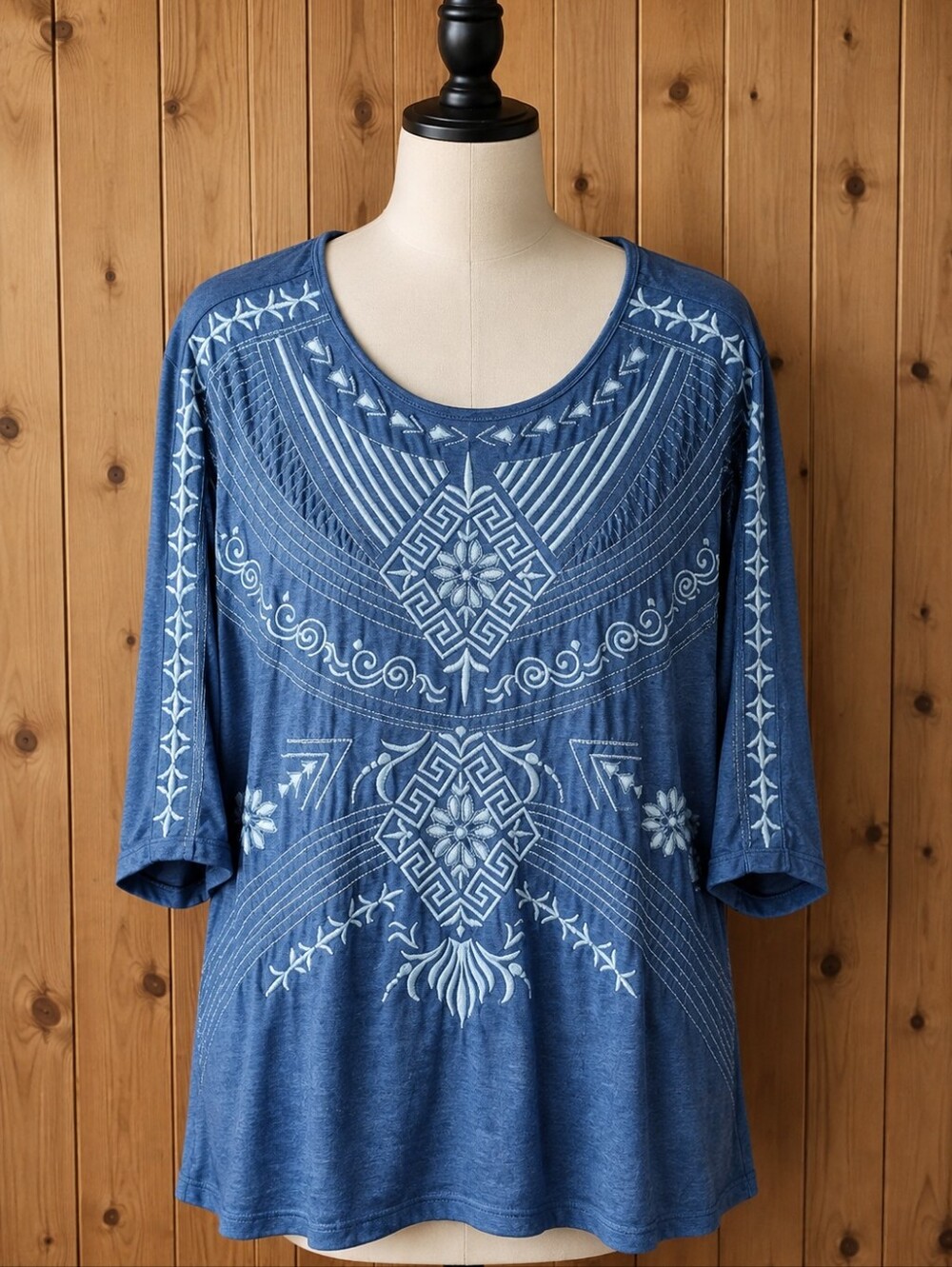 JW Los Angeles Bohemian Inspired  Embroidered Blue Tunic Blouse Size 1X